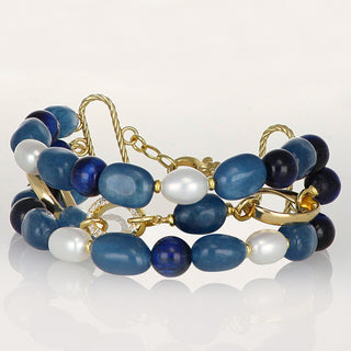 Bracciale a tre fili con pietre blu e perle vere - Clori