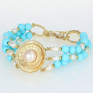 Bracciale tre fili con centrale in perle e turchese - Clea