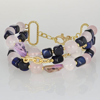 Bracciale tre fili quarzo rosa e occhio di tigre blu - Afrodite