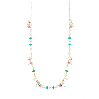 Collana lunga in argento, perle e pietre verdi e fucsia - Syria