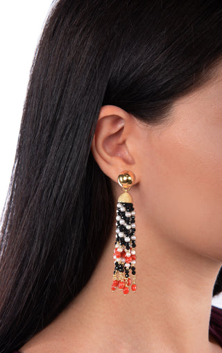 Yuna Coral Pearl Onyx Tassel Drop Earrings