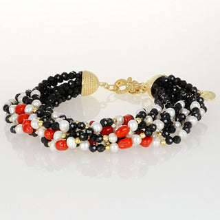Bracciale Multifilo Perle Corallo Onice e Argento 925  - Yuna