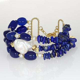 Bracciale a tre fili con lapislazzuli, perla barocca e agata blu - Zafira