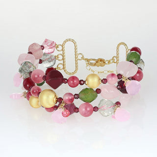 Bracciale a tre fili con quarzo rosa, quarzo fragola e pietre dure - Amira