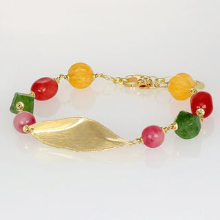 Bracciale con foglia dorata, quarzo fragola e agate colorate - Melia
