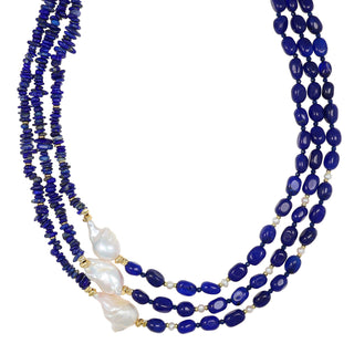 Collana a tre fili con lapislazzuli, agata blu e perle barocche - Zafira