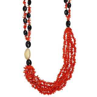 Collana in corallo rosso e onice con argento satinato - Olivia