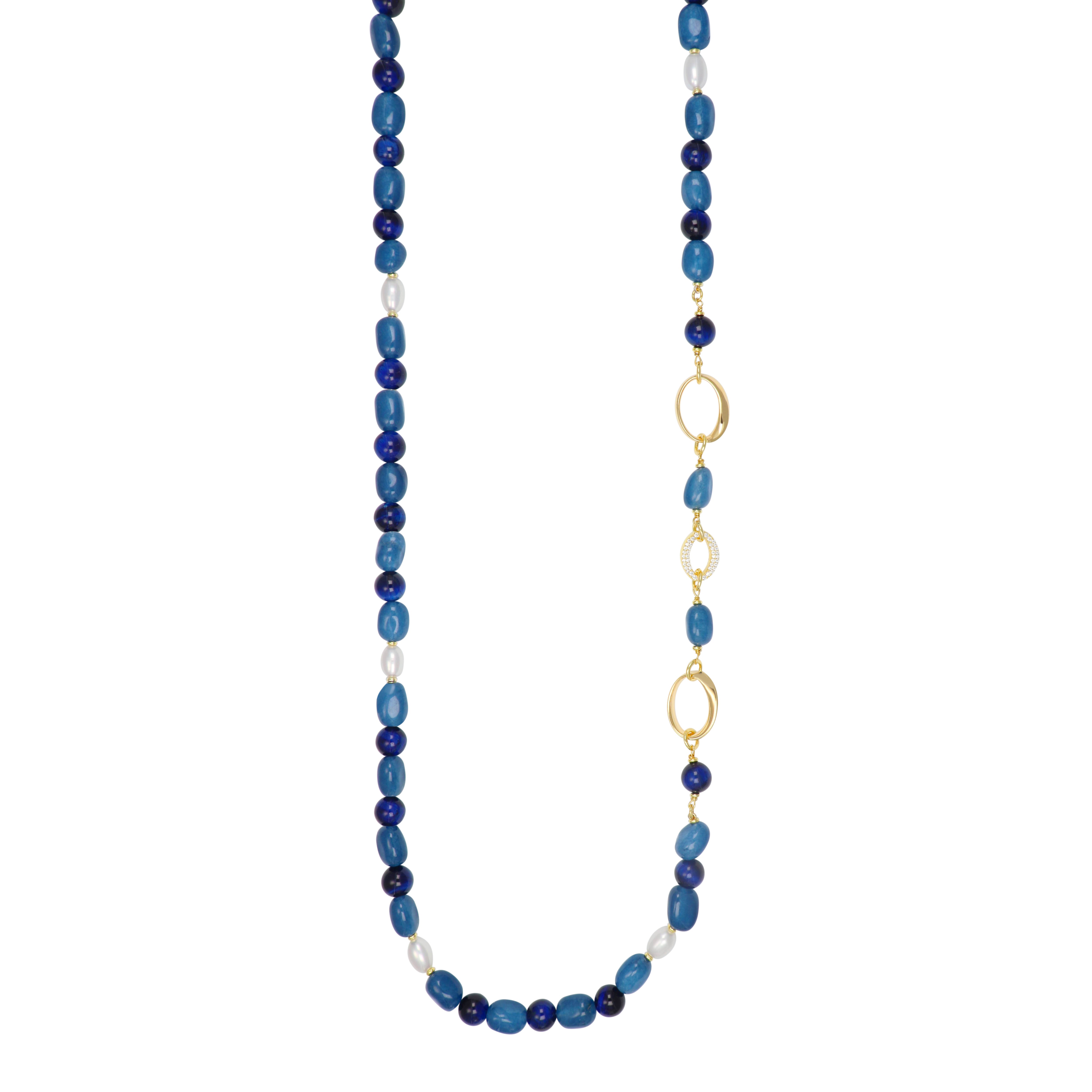 Avalaya Collana Lunga Con Perline Graduate In Legno Blu Chiaro E Cordone Nero, 84 Cm Regolabile, Stile Nautico E Naturale, Senza Chiusura