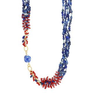 Collana con cianite blu, corallo rosso e perla dipinta a mano - Amalia